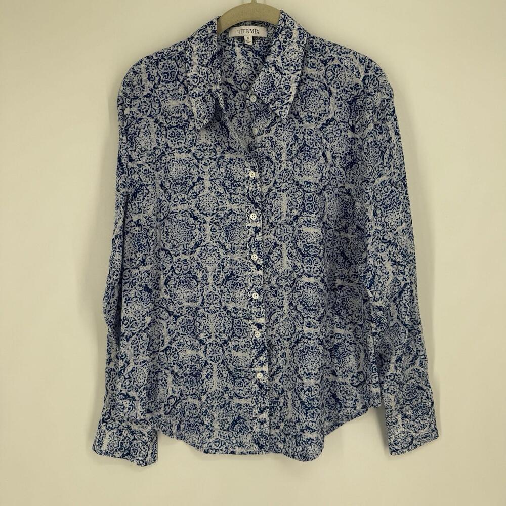 Intermix top blouse womens small S blue white feminine cottage business work